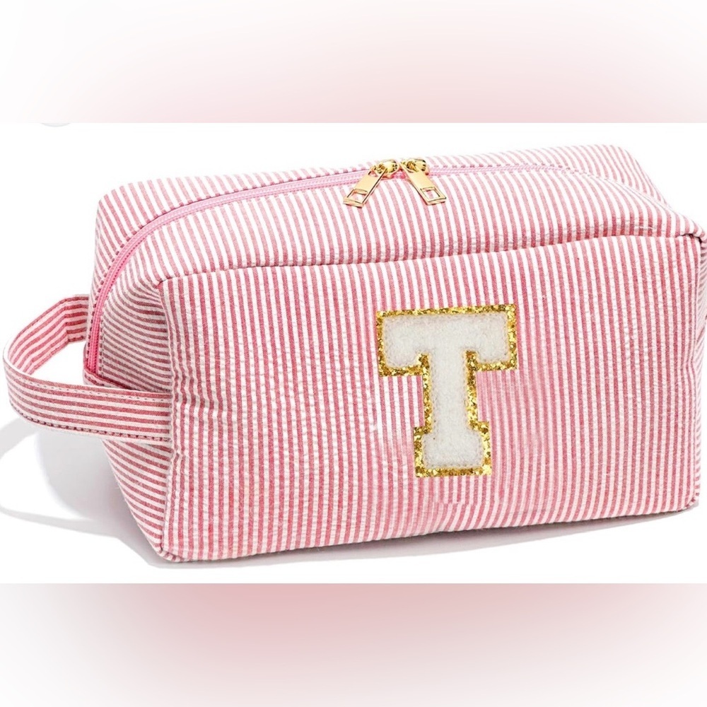 NEW! Red & White Stripe Letter T Makeup Bag